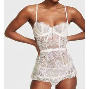 New! Victoria's Secret Coconut White Lace Wicked Open Back Babydoll 47401